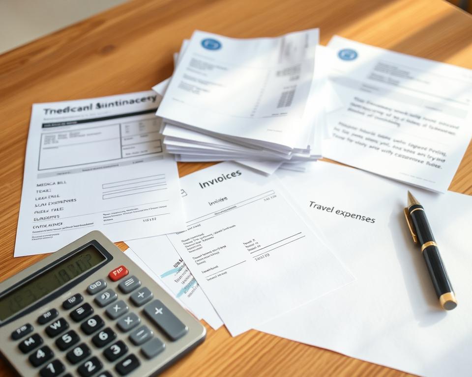 A carefully curated set of financial documents, receipts, and invoices lie neatly arranged on a wooden table, illuminated by warm, natural lighting. In the foreground, a calculator and a pen rest, symbolizing the careful accounting and planning required for the surrogacy process. The middle ground features a stack of medical bills, legal fees, and travel expenses, each item meticulously categorized and organized. The background showcases a serene, minimalist setting, conveying a sense of order and control amidst the complex financial considerations of surrogacy.