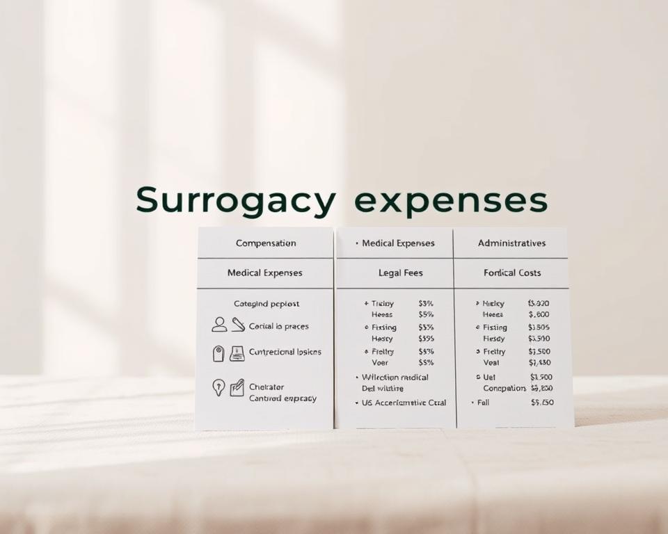 A detailed breakdown of surrogacy expenses, presented against a softly lit, minimalistic background. In the foreground, a series of simple icons and infographic elements neatly arranged to illustrate the key cost categories - surrogate compensation, medical expenses, legal fees, and administrative costs. The middle ground features a subtly textured surface, perhaps a muted fabric or paper, providing a clean, uncluttered canvas. The overall mood is informative yet visually appealing, guiding the viewer's attention to the essential financial details of the surrogacy process.