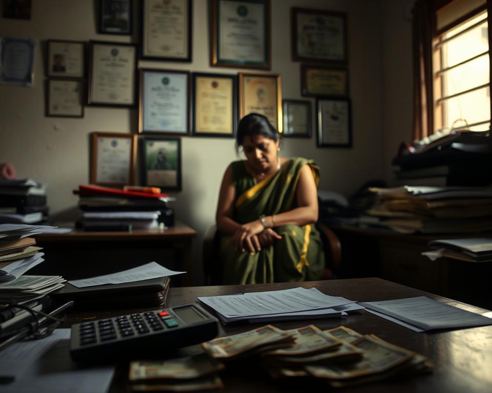 A dimly-lit office space, with a cluttered desk in the foreground. On the desk, a calculator, scattered papers, and a stack of Indian currency notes. In the middle ground, a woman in a sari sits hunched over, a concerned expression on her face. Behind her, a wall of framed certificates and awards, hinting at her professional background. The lighting casts shadows, creating a pensive, contemplative atmosphere. The scene conveys the financial strain and ethical dilemmas faced by surrogates in India's surrogacy industry.