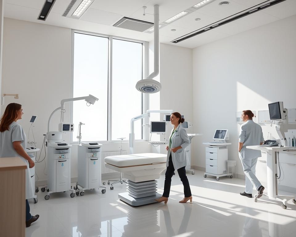 A modern, well-equipped fertility clinic interior with clean, minimalist design. Bright, natural lighting streams in through large windows, illuminating the pristine examination rooms, consultation areas, and state-of-the-art medical equipment. Medical staff in professional attire move with efficiency, showcasing the clinic's compliance with stringent regulations. An atmosphere of trust, privacy, and compassionate care pervades the space, reflecting the clinic's commitment to ethical and responsible practices in assisted reproductive services.