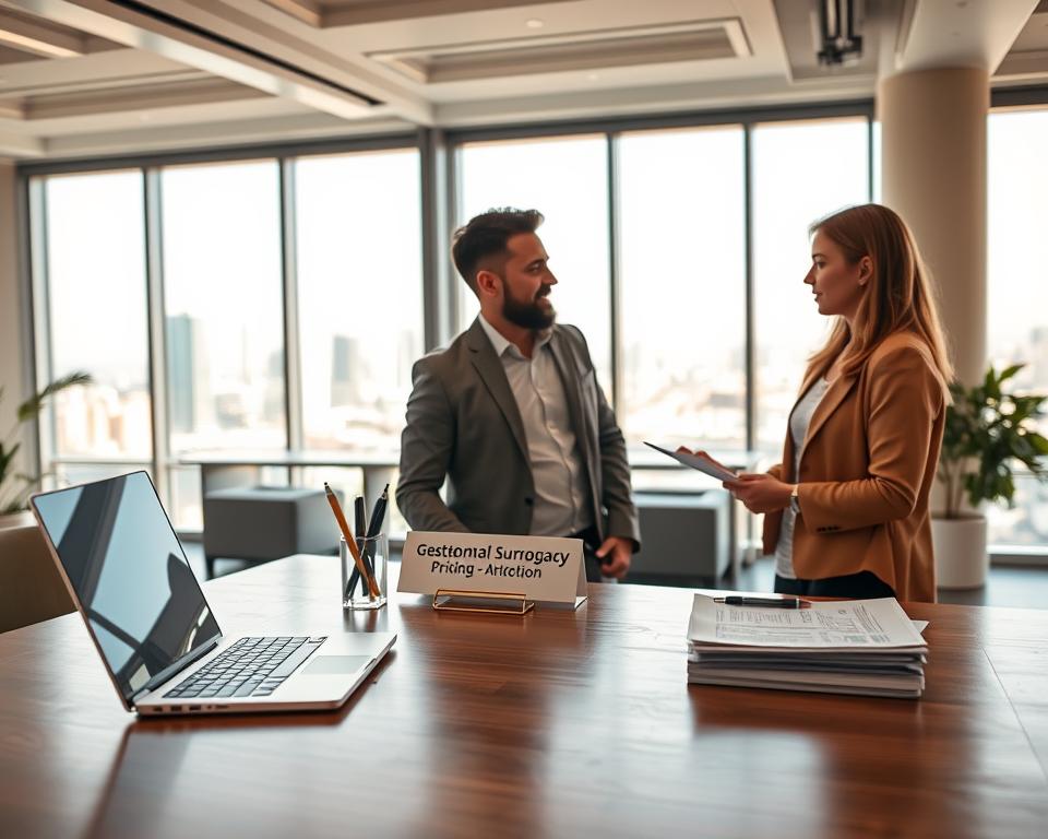 A modern, well-lit office interior with an open layout. In the foreground, a polished wooden desk with a sleek laptop, a stylized pen holder, and a neatly organized stack of papers. On the desk, a nameplate reads "Gestational Surrogacy Pricing". In the middle ground, two people, a man and a woman, are engaged in a serious discussion, their expressions conveying professionalism and attention to detail. The background features floor-to-ceiling windows, offering a panoramic view of a bustling city skyline. The lighting is warm and inviting, creating a sense of productivity and expertise.