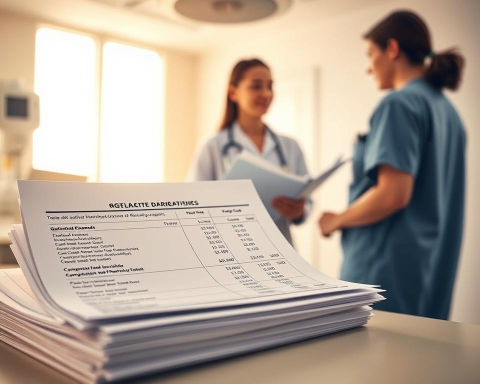 A pristine medical facility bathed in soft, warm lighting. In the foreground, a stack of documents detailing the intricate financial considerations of gestational surrogacy, including estimated costs for medical procedures, legal fees, and compensation for the surrogate. In the middle ground, a serene, empathetic nurse guides a prospective parent through the paperwork, explaining each line item with care. The background fades into a soothing, neutral palette, conveying the gravity and sensitivity of the process. The overall mood is one of professionalism, transparency, and a deep respect for the emotional and financial investment required for this unique path to parenthood.