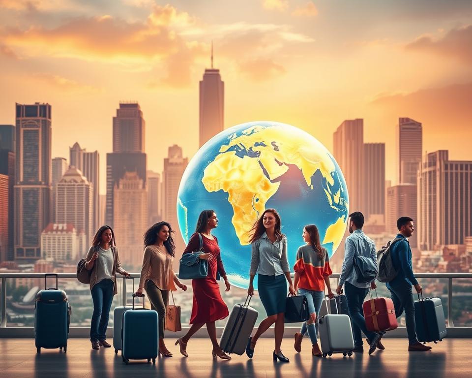 A bustling cityscape in the background, with towering skyscrapers and a vibrant urban landscape. In the foreground, a diverse group of people representing different cultures and ethnicities, each carrying suitcases and passports, symbolizing their journey to seek surrogacy services abroad. The middle ground features a large globe, illuminated and positioned prominently, suggesting the global nature of the surrogacy industry. The lighting is warm and inviting, creating a sense of optimism and opportunity. The composition is balanced, with the people and the globe creating a sense of movement and dynamism. The overall mood is one of international collaboration and the pursuit of fulfilling dreams through cross-border surrogacy.