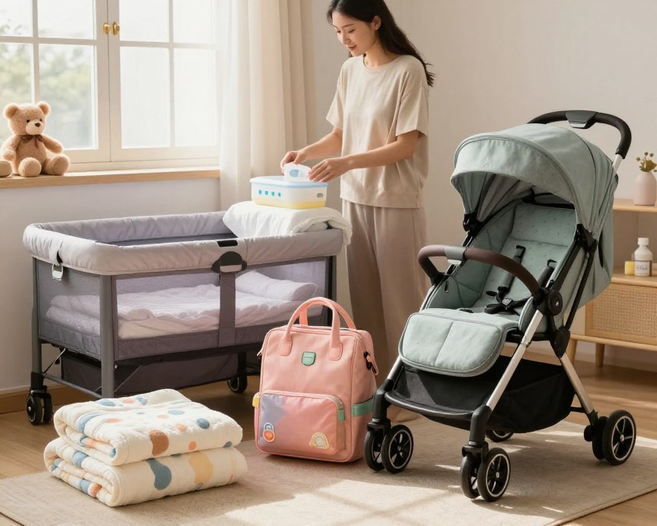 A cozy indoor scene showcasing essential travel gear for a newborn. In the foreground, neatly arranged items include a soft baby blanket, portable crib, colorful diaper bag, and a lightweight stroller, all featuring soft pastel colors. The middle ground has a stylish, modestly dressed parent preparing a diaper change station, with a gentle, caring expression. In the background, a window lets in warm, natural light, creating a serene atmosphere. The setting is decorated with soft, plush toys and travel accessories, emphasizing a sense of comfort and readiness for travel. The overall mood is calm and inviting, perfect for parents embarking on their journey with a newborn. The composition captures the essence of traveling with a baby, highlighting necessary gear in an aesthetically pleasing arrangement.