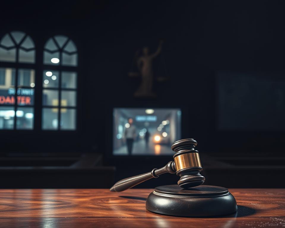 A dimly lit courtroom, the scales of justice hanging ominously on the wall. In the foreground, a gavel rests on a wooden table, symbolizing the power of the law. Through the window, the bustling streets of India can be seen, a contrast to the solemn and serious atmosphere inside. The lighting is somber, casting shadows that emphasize the gravity of the situation. The scene conveys a sense of tension and uncertainty, as the viewer contemplates the complex legal landscape surrounding the prohibition of commercial surrogacy in India.