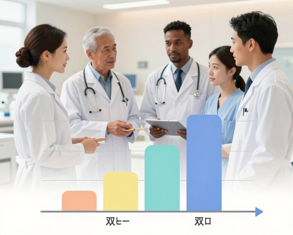 A professional and informative illustration depicting the success rates of single embryo transfer versus double embryo transfer, set against a clean and modern medical background. In the foreground, a clear and visually balanced bar graph displays success rates, with one bar representing single embryo transfers and a taller bar for double embryo transfers, each in distinct, soft colors. In the middle ground, a diverse group of healthcare professionals, dressed in white lab coats, discusses the data, pointing at the graph. The background features a softly lit clinic environment with subtle medical equipment. Warm, inviting lighting creates an atmosphere of hope and professionalism, enhancing the focus on the success rates displayed. Shot with a slight overhead angle for clarity and perspective.