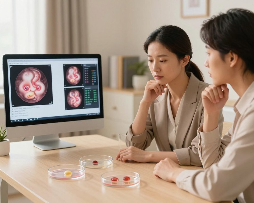 A serene consultation room bathed in soft, warm light, featuring a large table with two clear petri dishes, one containing a solitary embryo and the other with two embryos. In the foreground, a thoughtful couple, dressed in professional business attire, examines the options, their expressions a mix of hope and contemplation. The middle ground showcases a sleek medical display with diagrams of embryos and fertility data, emphasizing their thoughtful decision-making process. In the background, a gentle blur of medical books and soft decor enhances the atmosphere of a supportive environment. The composition captures the emotional weight of their choice, with a focus on clarity and warmth, inviting the viewer into an intimate moment of decision-making.