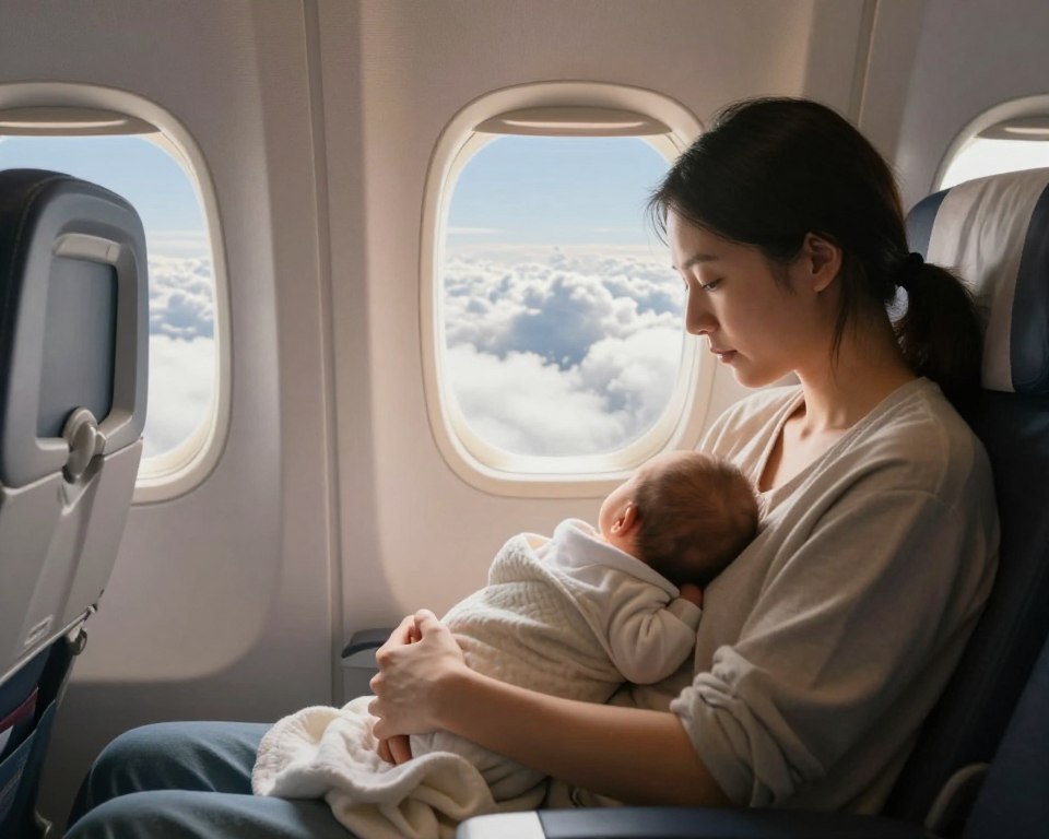 A serene scene of a parent flying with their newborn, capturing the essence of air travel. In the foreground, a cozy airplane cabin is visible, with the parent seated comfortably in a window seat, dressed in modest casual clothing. The newborn is gently cradled in their arms, wrapped in a soft blanket. In the middle, the parent gazes lovingly at the baby, radiating a sense of calm and confidence. The background reveals the puffy clouds outside the window, illuminated by warm, natural sunlight filtering through the aircraft, creating a tranquil atmosphere. Use a slightly blurred focus on the window to emphasize the parent and child, while maintaining a clear view of the clouds, evoking feelings of adventure and safety.