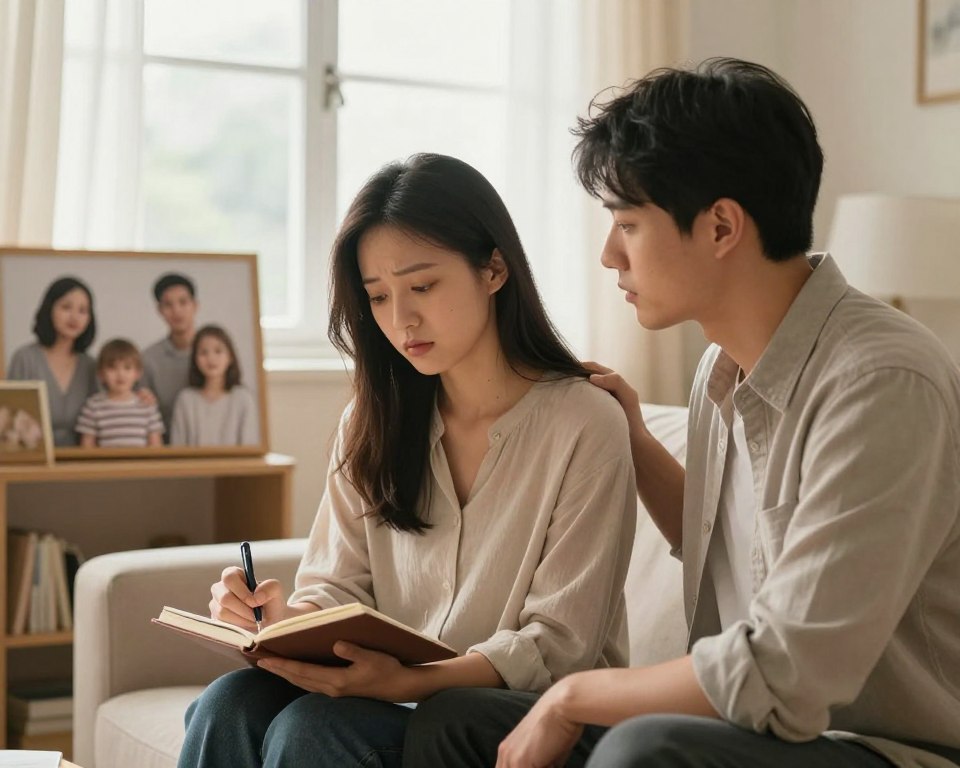A thoughtful scene depicting the emotional landscape of intended parents in a surrogacy setting. In the foreground, a couple sits in a warm, softly lit room, their expressions a mix of hope and concern, dressed in modest business attire. The woman is holding a journal, jotting down her thoughts, while the man looks on thoughtfully, a supportive hand on her shoulder. In the middle ground, a serene depiction of family images displayed on a shelf symbolizes their dreams and expectations. The background features a window with soft, natural sunlight casting a gentle glow, creating an uplifting atmosphere. The overall mood conveys vulnerability, connection, and a journey toward parenthood, emphasizing the psychological complexities they navigate. A thoughtful scene depicting the emotional landscape of intended parents in a surrogacy setting. In the foreground, a couple sits in a warm, softly lit room, their expressions a mix of hope and concern, dressed in modest business attire. The woman is holding a journal, jotting down her thoughts, while the man looks on thoughtfully, a supportive hand on her shoulder. In the middle ground, a serene depiction of family images displayed on a shelf symbolizes their dreams and expectations. The background features a window with soft, natural sunlight casting a gentle glow, creating an uplifting atmosphere. The overall mood conveys vulnerability, connection, and a journey toward parenthood, emphasizing the psychological complexities they navigate.