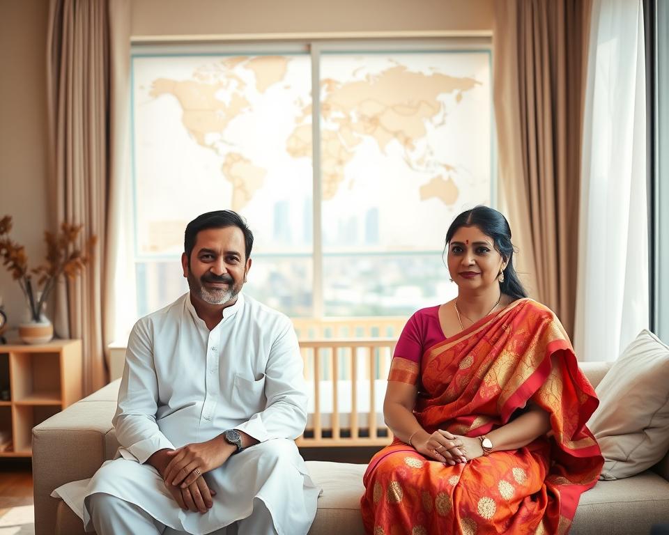 A warm, sun-drenched living room. In the foreground, an Indian couple - the husband, distinguished in a crisp white kurta, the wife, elegant in a vibrant sari - sit together, expressions filled with hope and anticipation. Behind them, a large world map hangs on the wall, hinting at the journey they have undertaken. The middle ground features a small crib, a symbol of their dream of parenthood. Through the window, a bustling city skyline suggests their overseas location, a backdrop to their surrogacy journey. The lighting is soft, lending an intimate, dreamlike quality to the scene. A sense of quiet determination and international collaboration permeates the image.