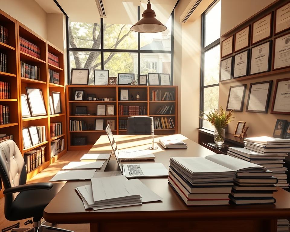 surrogacy legal framework: a modern law office interior with a large desk, bookshelves, and an array of legal documents. Sunlight streams through the windows, illuminating the scene with a warm, professional atmosphere. The walls are lined with framed certificates and diplomas, conveying a sense of expertise and authority. On the desk, a laptop and a stack of papers suggest the ongoing work of drafting and interpreting surrogacy laws and regulations. The overall composition evokes a contemplative, authoritative, and well-organized legal setting.
