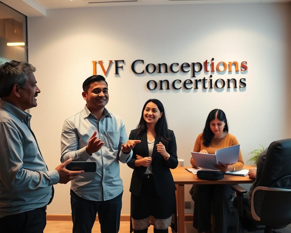A group of Indian surrogacy consultants in a modern, professional office setting. In the foreground, three individuals - a male and two females - are engaged in a discussion, gesturing animatedly. Behind them, a woman is seated at a desk, reviewing documents. The lighting is warm and inviting, creating a sense of trust and expertise. The scene is captured with a medium-wide angle lens, allowing the viewer to appreciate the overall atmosphere. The branding "IVF Conceptions" is prominently displayed on the wall, conveying the company's authority and experience in the field of surrogacy. An air of confidence and competence permeates the image, reflecting the reliable guidance the consultants can provide.