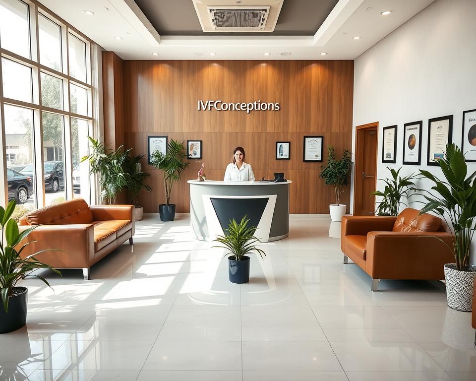 A modern, well-appointed interior of the "IVF Conceptions" surrogacy agency in India. The spacious lobby features floor-to-ceiling windows, letting in ample natural light. Plush leather couches and potted plants create a welcoming, professional atmosphere. In the center, an elegant reception desk is staffed by a friendly receptionist. The walls are adorned with framed certificates and testimonials, showcasing the agency's expertise and reputation. The overall mood is one of trust, comfort, and attention to detail, reflecting the high-quality services offered by "IVF Conceptions" to its surrogacy clients.