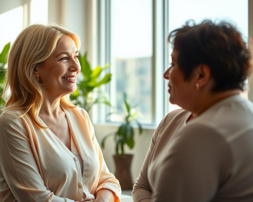 A serene, sun-drenched room where a surrogate mother and an IVF Conceptions professional discuss legal and ethical safeguards. The woman's face radiates warmth and dignity, with a gentle expression that conveys a sense of empowerment and security. Behind them, a well-appointed office space evokes trust and professionalism. Soft lighting filters through large windows, casting a tranquil glow over the scene. The overall atmosphere is one of care, transparency, and unwavering commitment to the surrogate's well-being and rights.