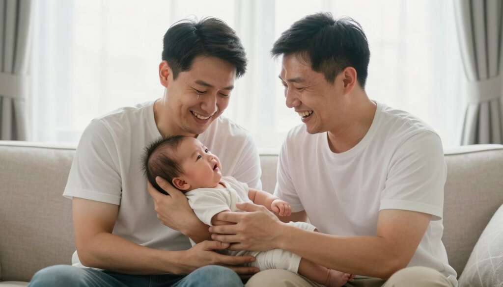 Happy gay dads with their newborn baby after successful surrogacy