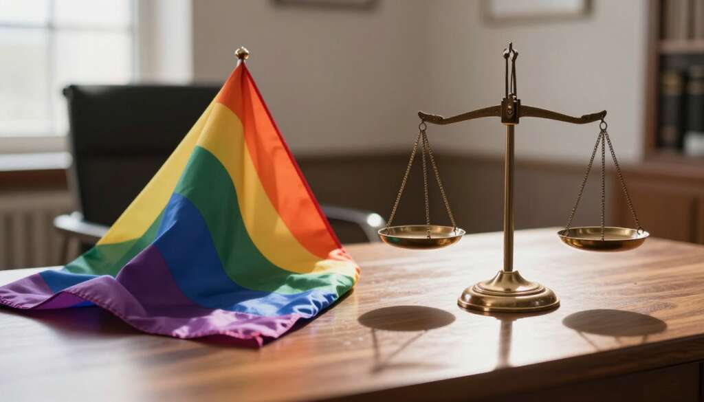 Rainbow flag with legal scales symbolizing LGBT family rights
