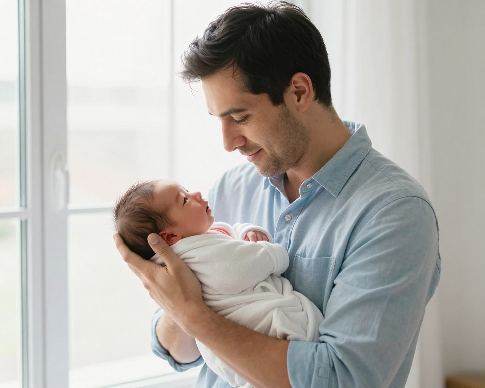 Single father holding newborn baby with hope and joy