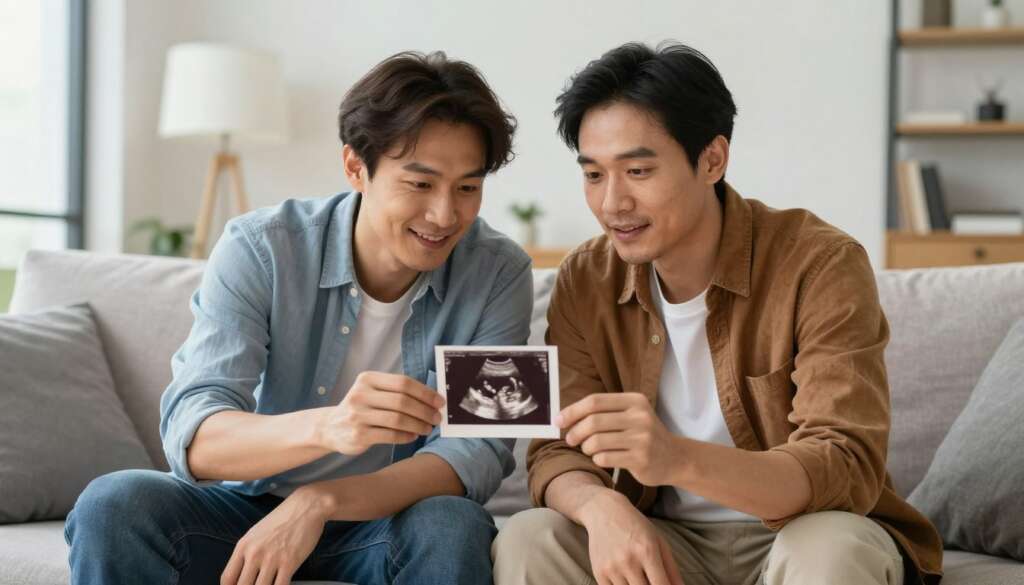 Two intended fathers holding ultrasound image planning their surrogacy journey