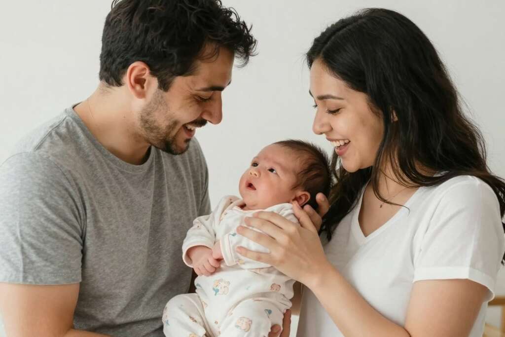 happy intended parents with their baby after successful Ukrainian surrogacy