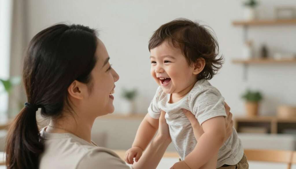 happy single parent playing with child at home