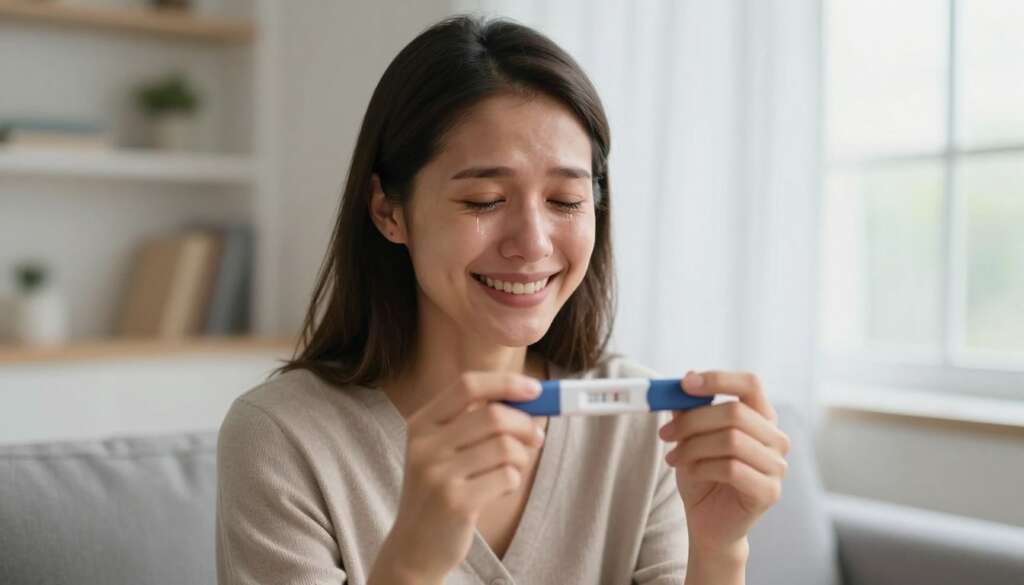 Woman celebrating successful IVF pregnancy test result at age 35 Woman celebrating successful IVF pregnancy test result at age 35